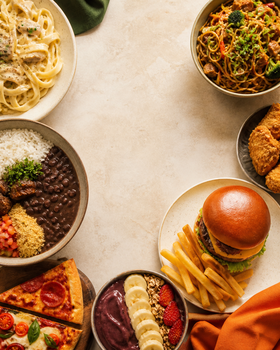 Variedade de pratos de delivery: massa, yakisoba, feijoada, frango crocante, pizza, hambúrguer e açaí